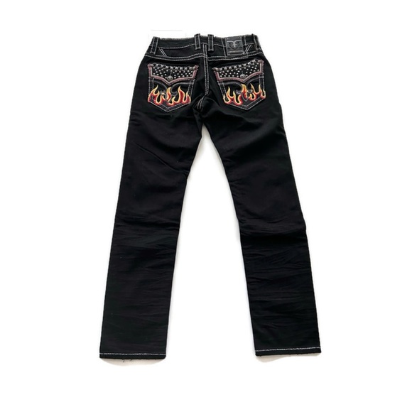 Rock Revival Jeans Quince Biker Black Denim Embroidered Flames Fire Mens Size 32
